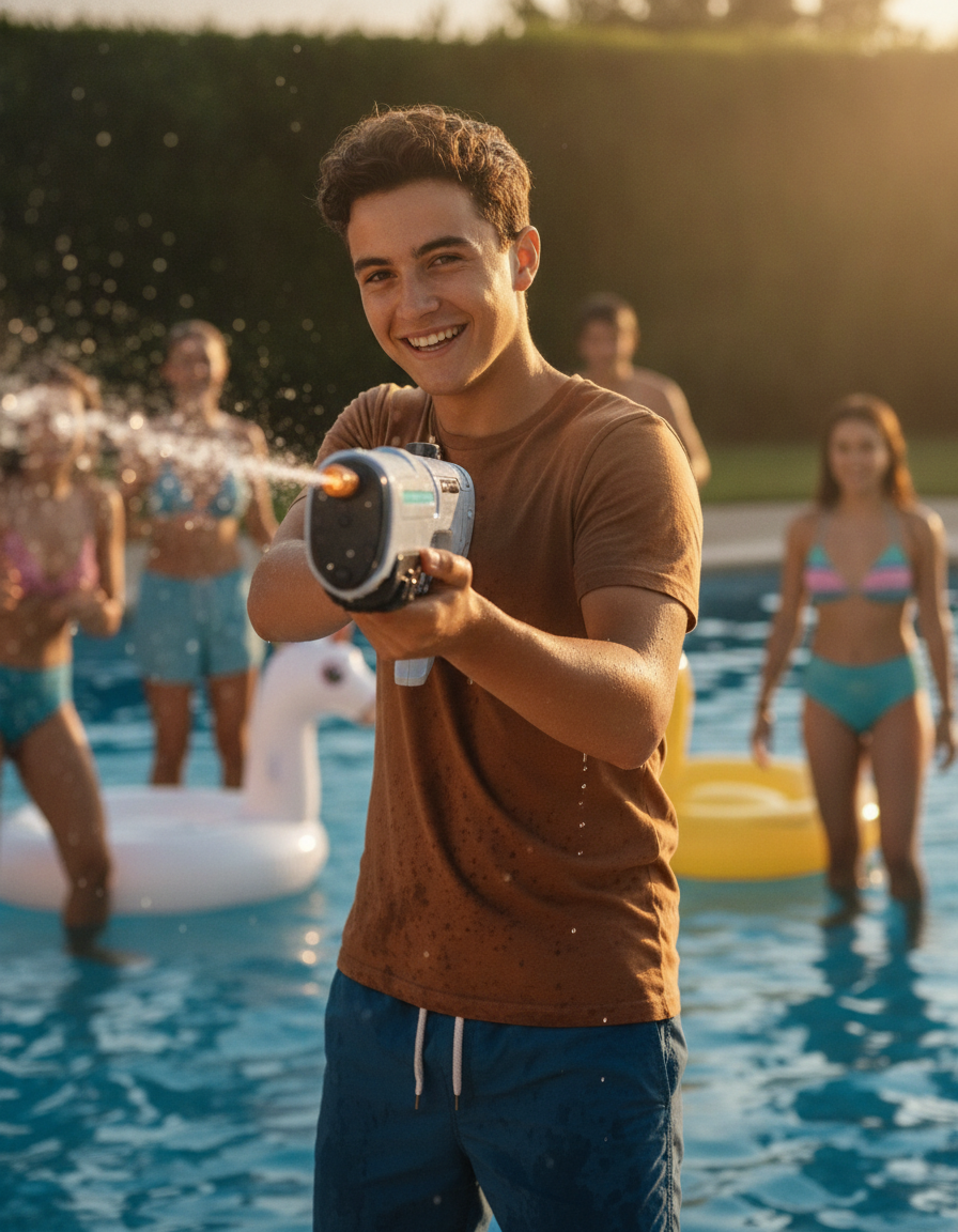 Teen using Torrent water blaster at a pool party